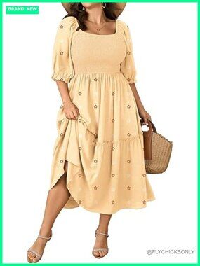 Plus Size Maxi Dress Puff Short Sleeve Square Neck Boho Tiered Smocked Ruffle